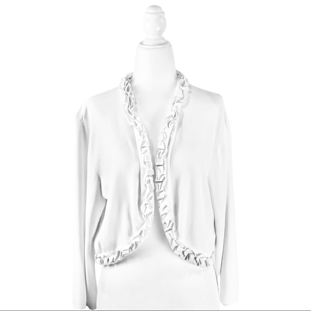 Lennie for Nina Leonard White Ruffle Cardigan